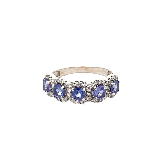 Tanzanite and Round Brilliant Cut Diamond Halo Cluster Ring