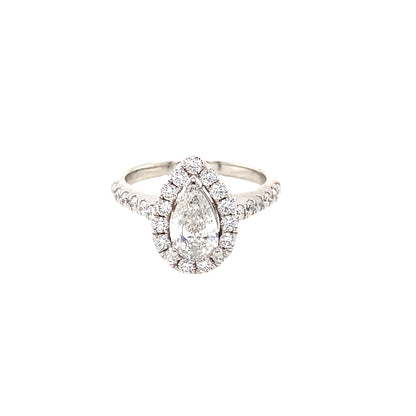 Pear Cut Diamond with halo and Diamond set shoulders