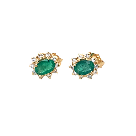 Oval shaped Emerald and Round Brilliant Cut Diamond Cluster Style Earrings