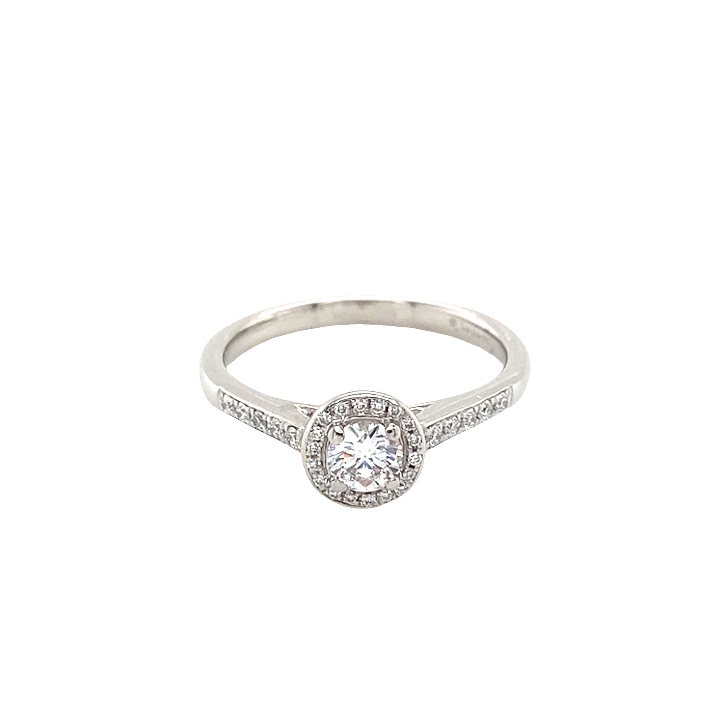 Round Brilliant Cut Diamond Halo Ring with Diamond set shoulders