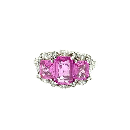 Pink Sapphire 3 Stone Ring with Diamond Halo and Diamond set Shoulders