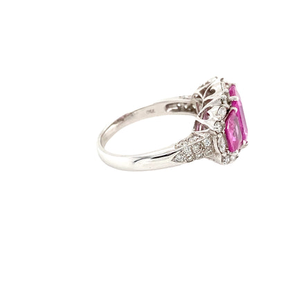 Pink Sapphire 3 Stone Ring with Diamond Halo and Diamond set Shoulders