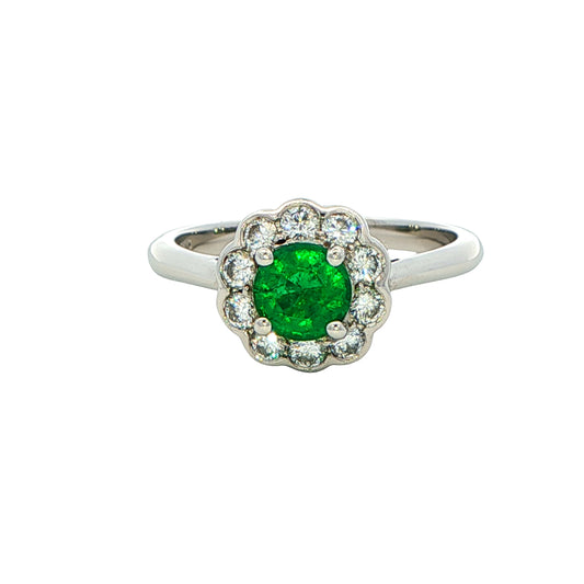 Round Emerald and Round Brilliant Cut Diamond Cluster Ring
