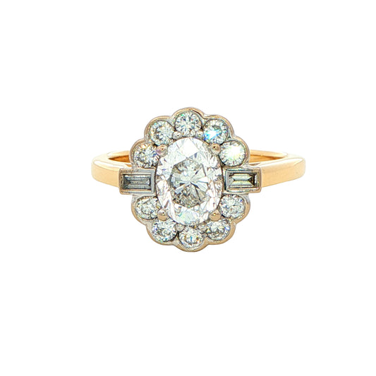 Oval, Round Brilliant and Baguette Cut Diamond Vintage Cluster Ring - 1.61cts