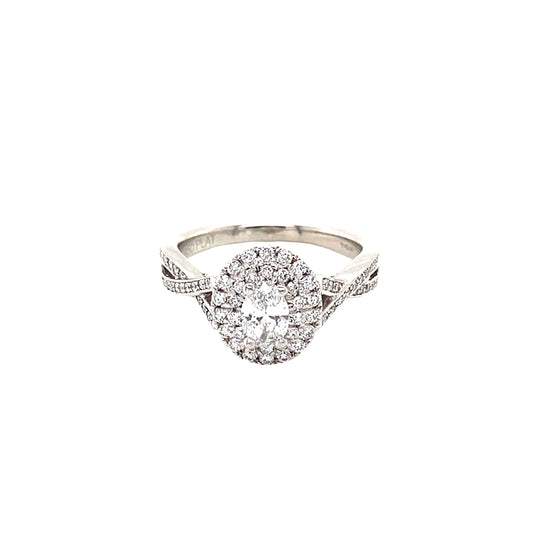 Oval and Round Brilliant Cut Double Halo and Twist Diamond Set Shoulders