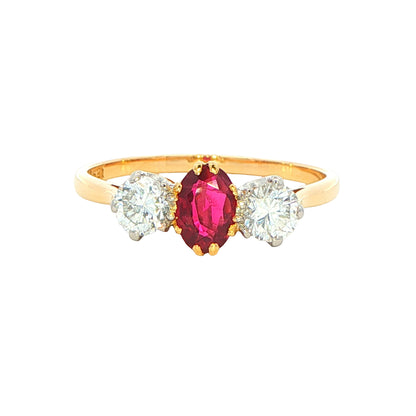 Oval Ruby and Round Brilliant Cut Diamond 3 Stone Ring