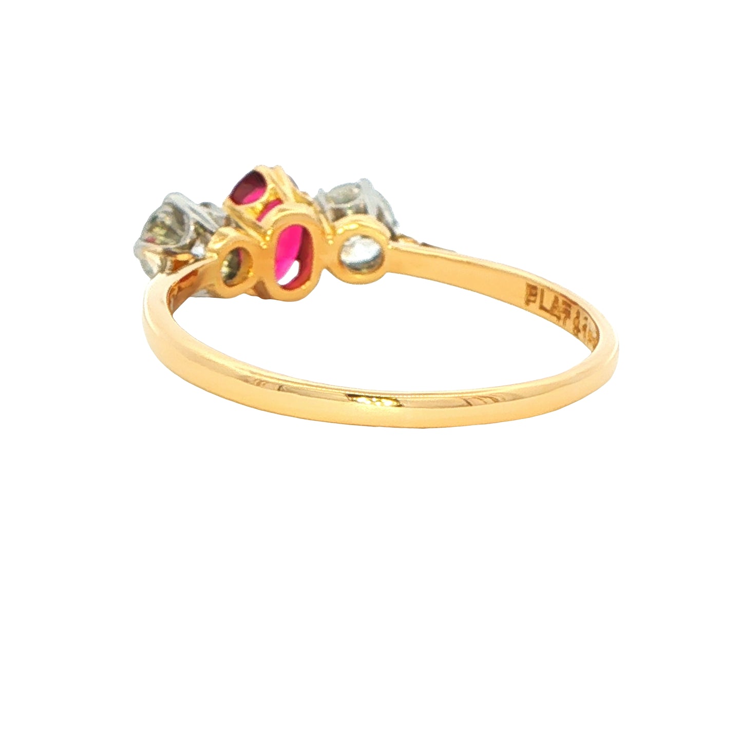 Oval Ruby and Round Brilliant Cut Diamond 3 Stone Ring