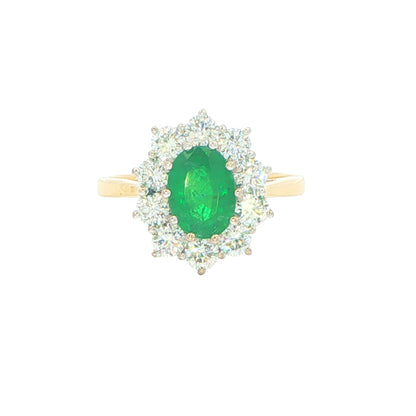 Oval Emerald and Round Brilliant Cut Cluster Ring