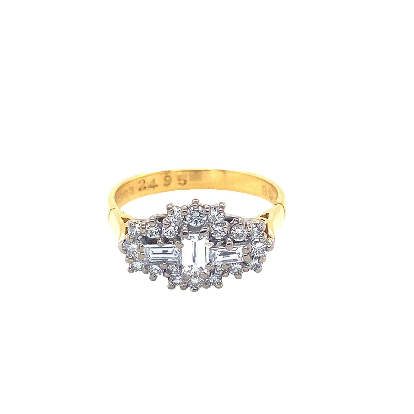 Emerald and Round Brilliant Cut Diamond Boat style cluster ring