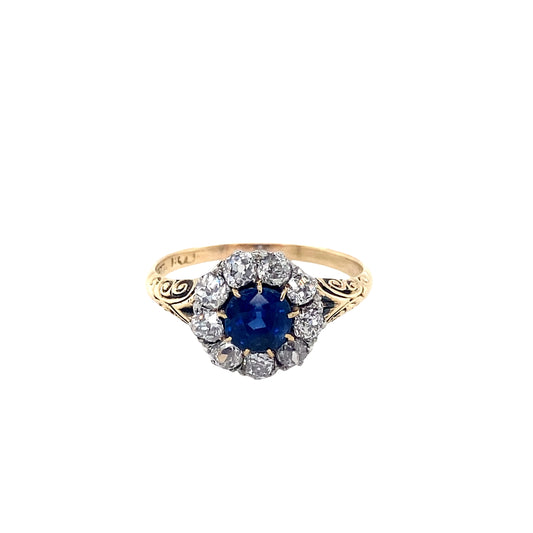 Round Sapphire and Old Cut Diamond Cluster Ring