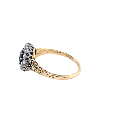 Round Sapphire and Old Cut Diamond Cluster Ring