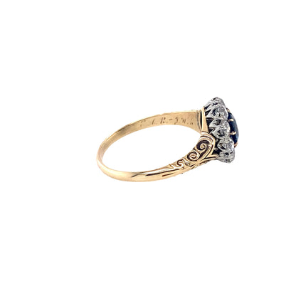 Round Sapphire and Old Cut Diamond Cluster Ring