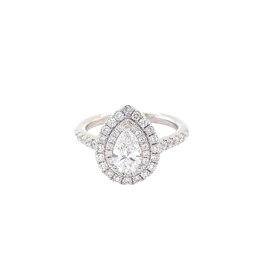 Pear Cut Diamond with Double Halo and Diamond Set Shoulders