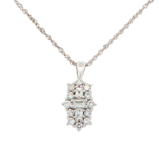 Emerald Cut and Round Brilliant Cut Diamond Cluster Pendant on White Gold chain