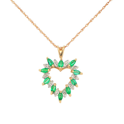 9ct Yellow Gold & White Gold with Marquise Cut Emeralds Heart Pendant