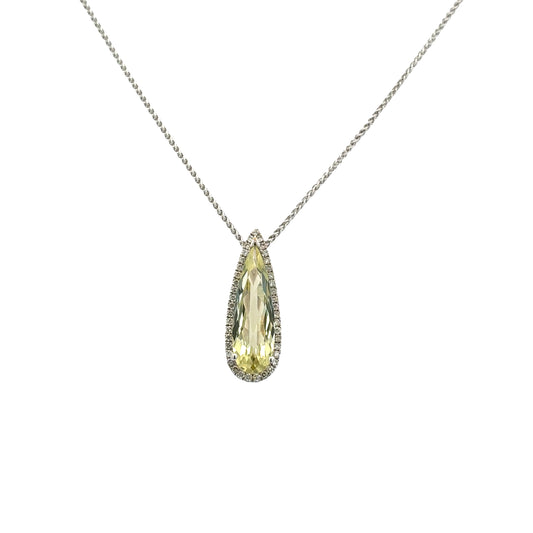 Pear Shaped Quartz and Diamond Halo Pendant on Chain