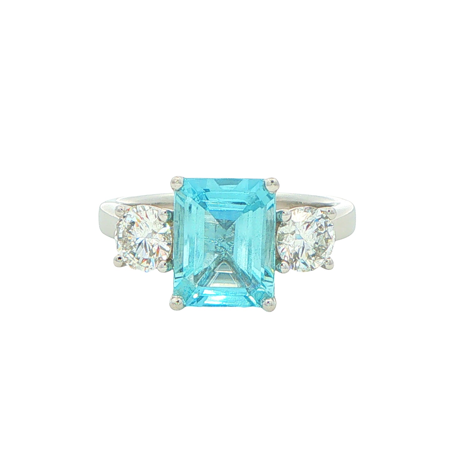Octagonal Aquamarine and Round Brilliant Cut Diamond 3 Stone Ring