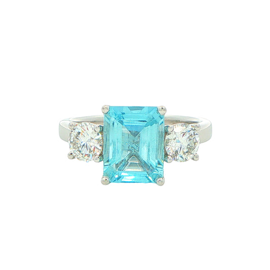 Octagonal Aquamarine and Round Brilliant Cut Diamond 3 Stone Ring