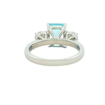Octagonal Aquamarine and Round Brilliant Cut Diamond 3 Stone Ring