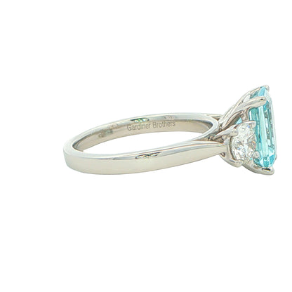 Octagonal Aquamarine and Round Brilliant Cut Diamond 3 Stone Ring