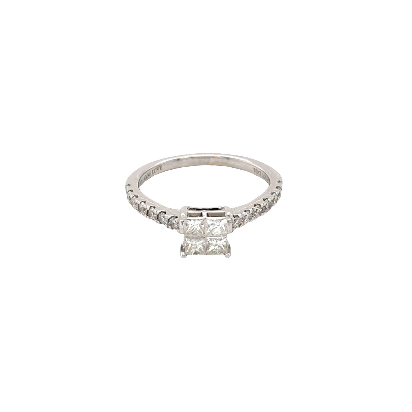 18ct White Gold, Princess Cut Diamond Cluster with Diamond set shoulders