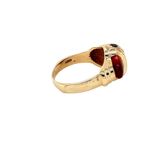 9ct Yellow Gold, Amber and Green Stone Fancy Signet Ring