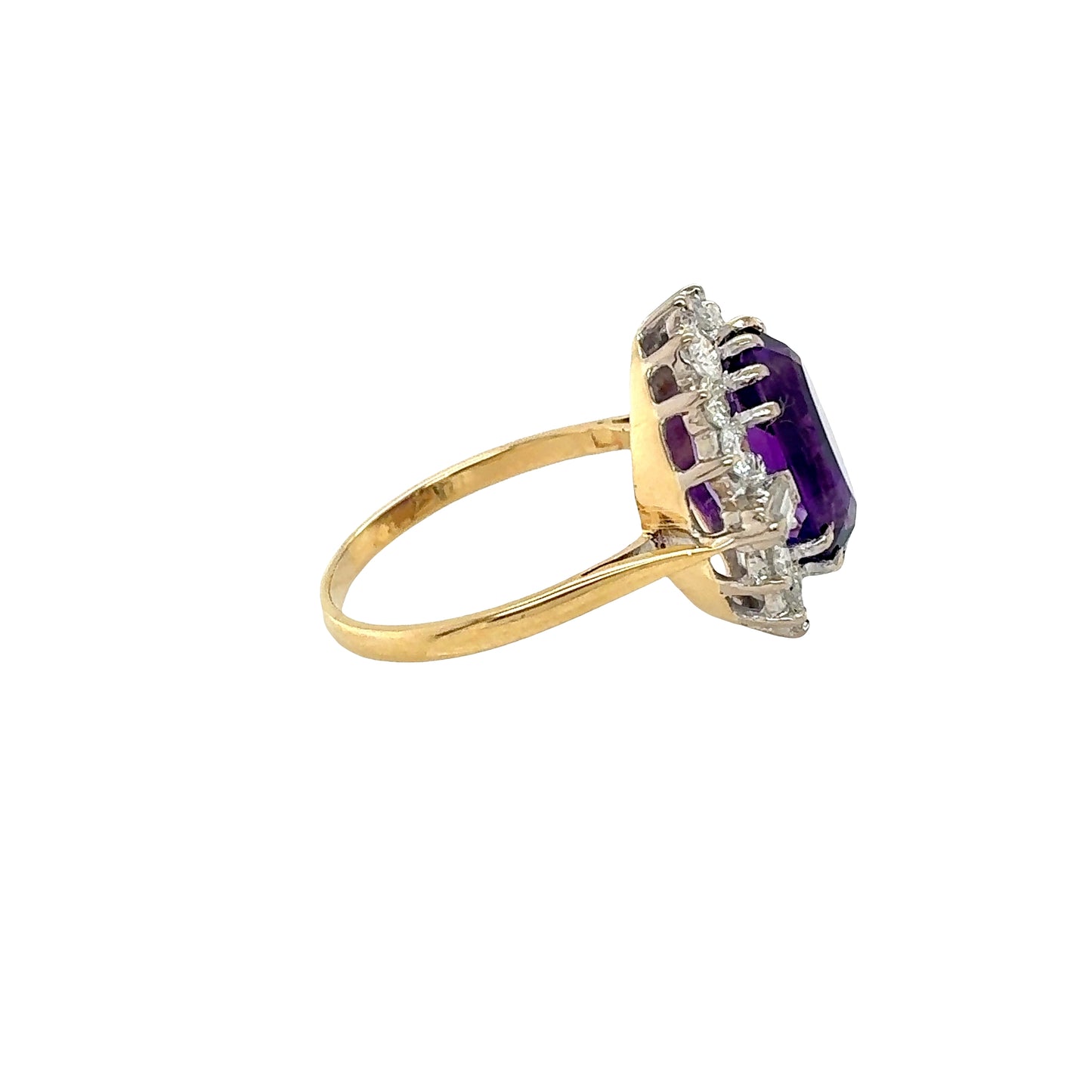 18ct Yellow Gold, Oval Amethyst and Diamond Cluster Ring
