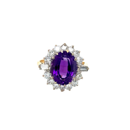 18ct Yellow Gold, Oval Amethyst and Diamond Cluster Ring