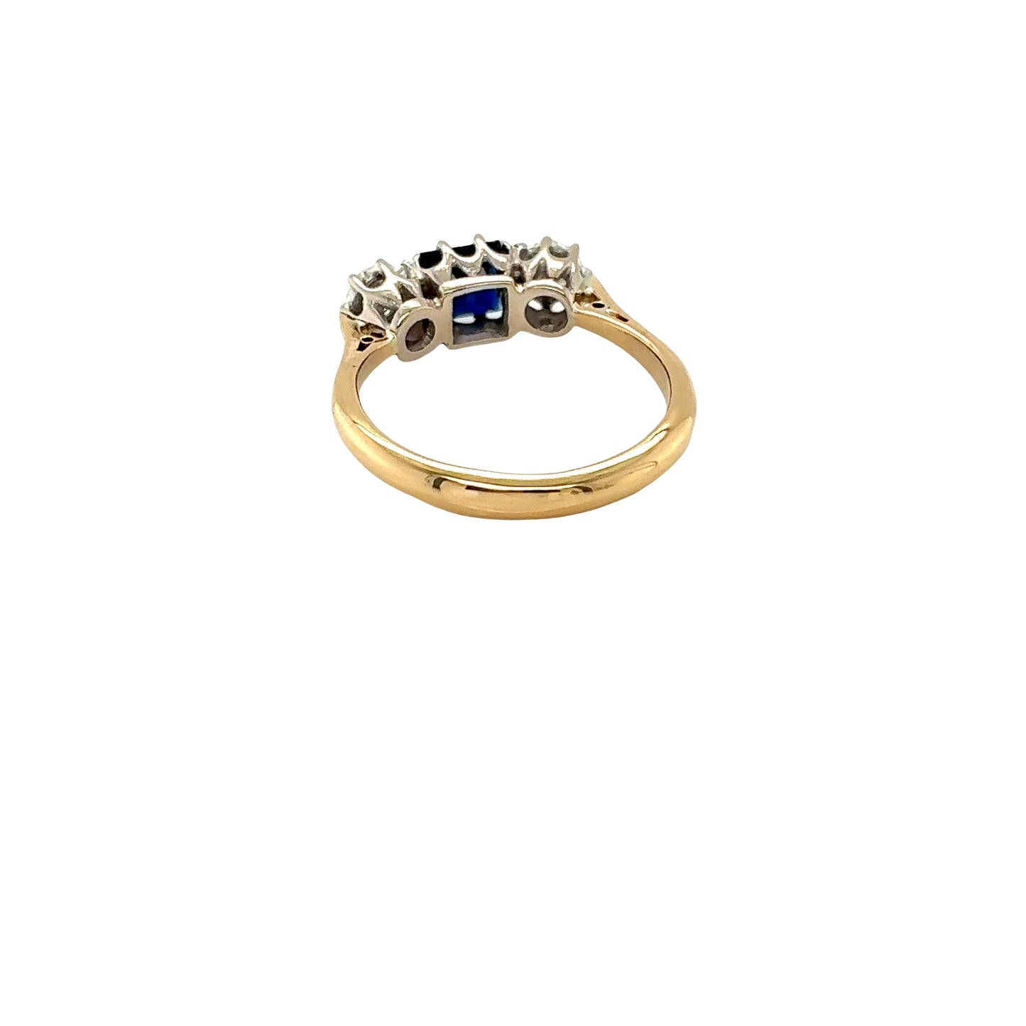 18ct Yellow Gold, Square Sapphire and Diamond 3 Stone Ring