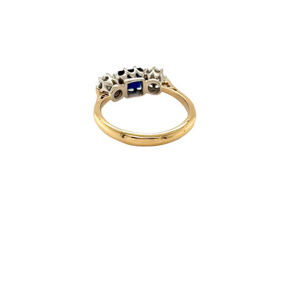 18ct Yellow Gold, Square Sapphire and Diamond 3 Stone Ring
