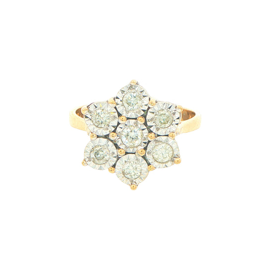 18ct Yellow Gold, 7 Round Diamond Cluster Ring in Illusion Setting