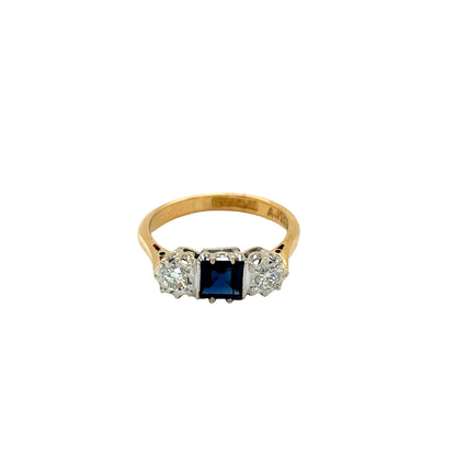 18ct Yellow Gold, Square Sapphire and Diamond 3 Stone Ring