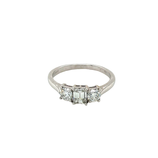 18ct White Gold, Emerald and Round Brilliant Cut Diamond 3 Stone Ring