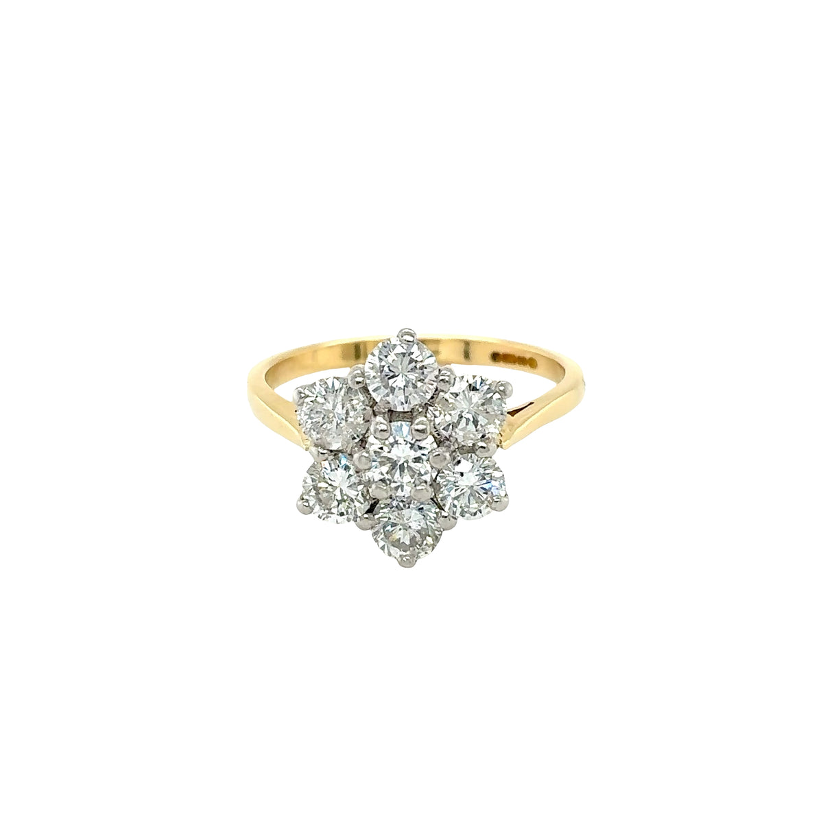 18ct Yellow Gold, Round Brilliant Cut Diamond Cluster 7 Stone Ring