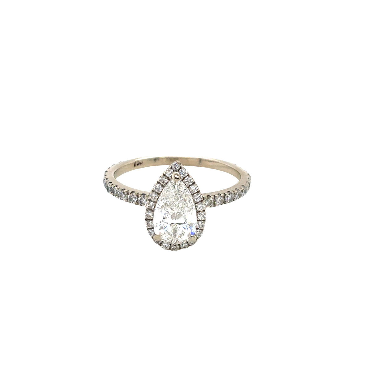 18ct White Gold, Pear Cut Diamond with Halo and Diamond Set Shoulders