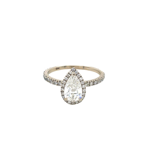 18ct White Gold, Pear Cut Diamond with Halo and Diamond Set Shoulders