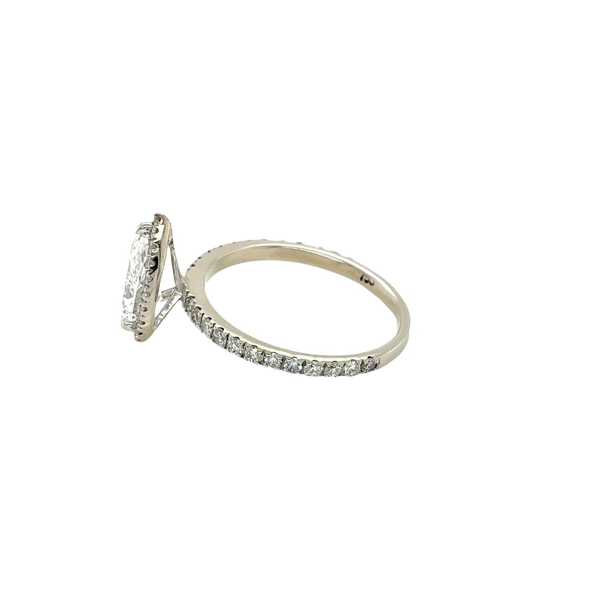 18ct White Gold, Pear Cut Diamond with Halo and Diamond Set Shoulders