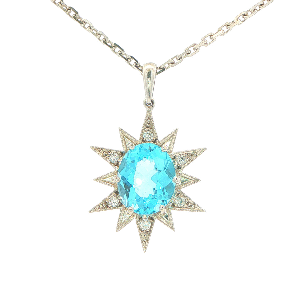 9ct White Gold, Topaz and Diamond Pendant on Chain