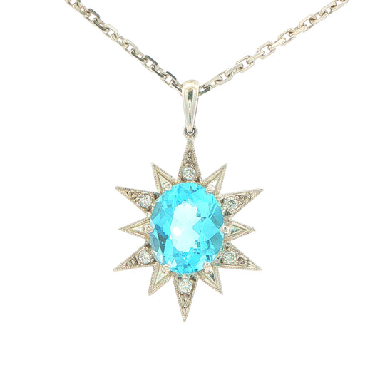 9ct White Gold, Topaz and Diamond Pendant on Chain