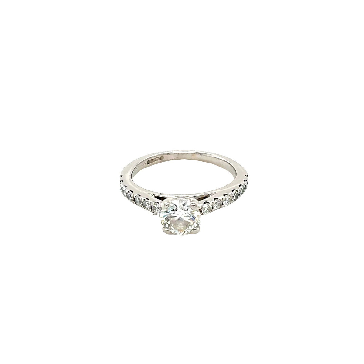 Platinum, Round Brilliant Cut Diamond Solitaire with Diamond set shoulders