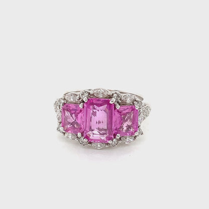 Pink Sapphire 3 Stone Ring with Diamond Halo and Diamond set Shoulders