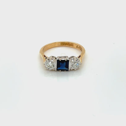 18ct Yellow Gold, Square Sapphire and Diamond 3 Stone Ring