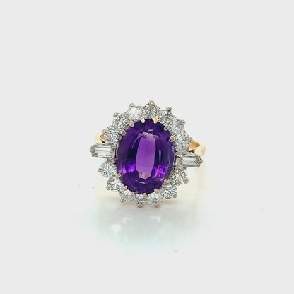 18ct Yellow Gold, Oval Amethyst and Diamond Cluster Ring