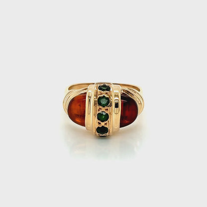 9ct Yellow Gold, Amber and Green Stone Fancy Signet Ring