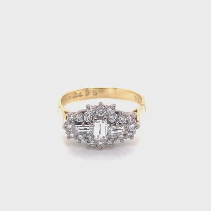 Emerald and Round Brilliant Cut Diamond Boat style cluster ring