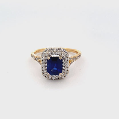 Sapphire and Diamond Double Halo Ring with Split Diamond Set Shoulders