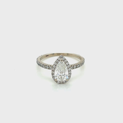 18ct White Gold, Pear Cut Diamond with Halo and Diamond Set Shoulders