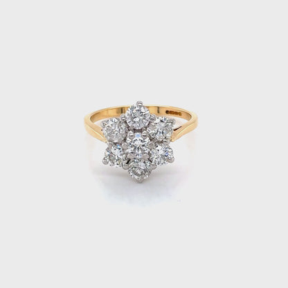 18ct Yellow Gold, Round Brilliant Cut Diamond Cluster 7 Stone Ring