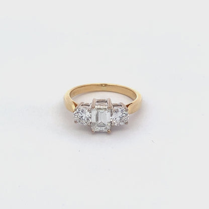 Emerald and Round Brilliant Cut Diamond 3 Stone Ring