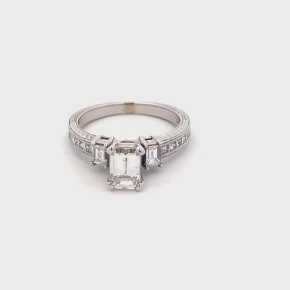 Emerald Cut Diamond 3 Stone Ring with Princess Cut Diamond set shoulders
